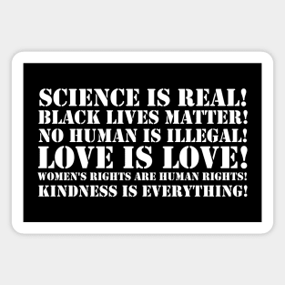 Science is real! Black lives matter! No human is illegal! Love is love! Women's rights are human rights! Kindness is everything! Magnet
